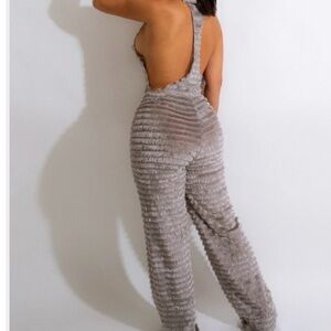FUZZY Mock Neck T Back Metallic Silver Halter Jumpsuit Sz S